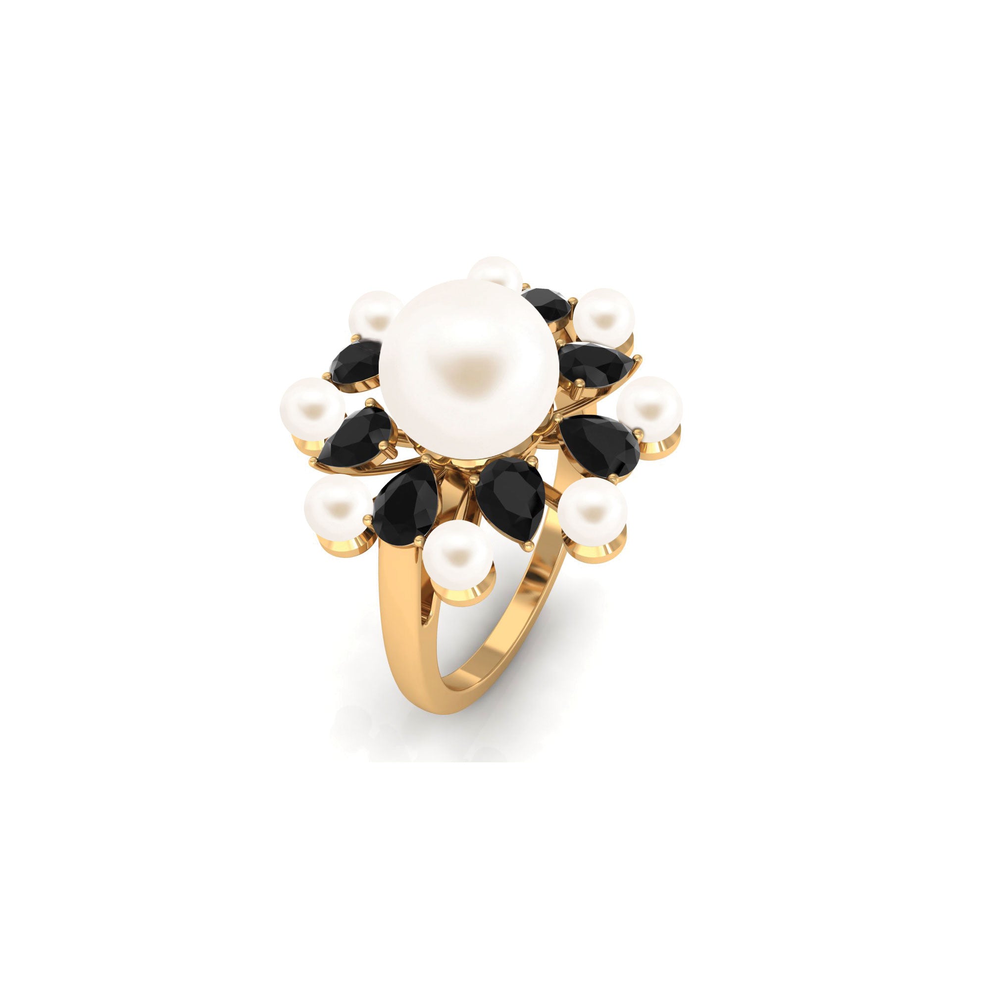 White Cultured Pearl Cocktail Ring with Black Onyx Freshwater Pearl-AAAA Quality - Arisha Jewels