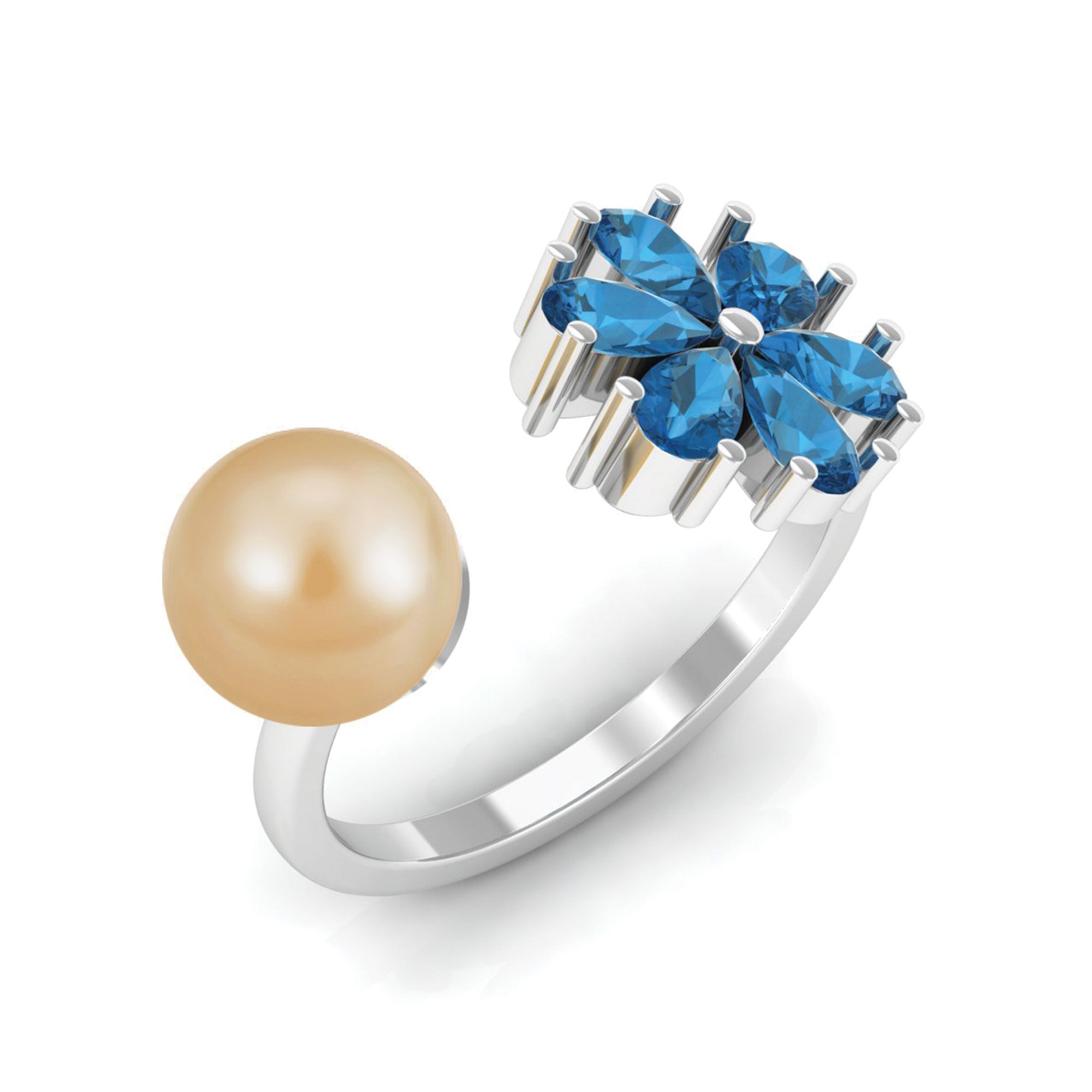 Nature Inspired South Sea Pearl Cuff Ring with Blue Topaz Flower South Sea Pearl-AAAA Quality - Arisha Jewels