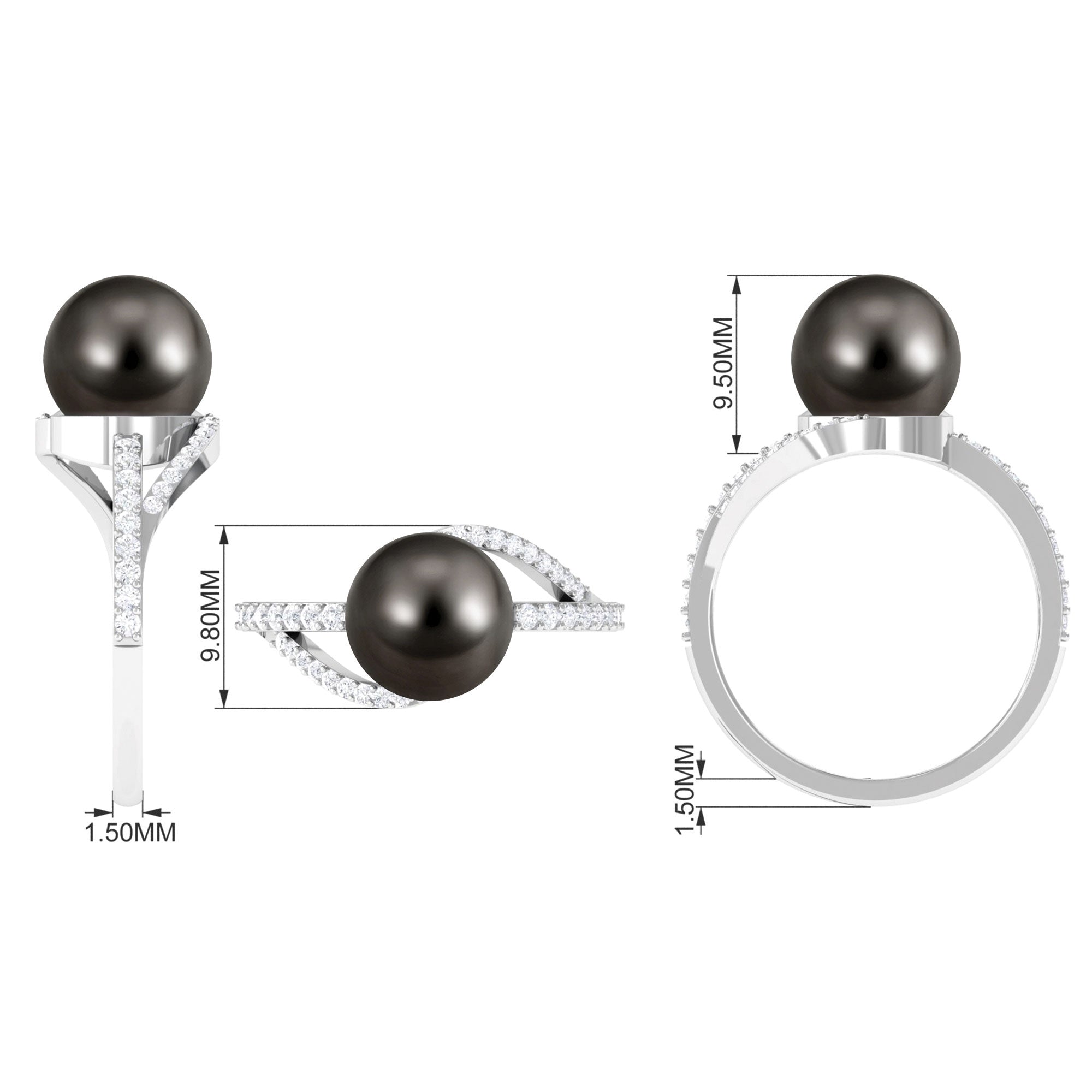 Elegant Black Pearl Solitaire Ring with Diamond Side Stones Tahitian pearl-AAA Quality - Arisha Jewels