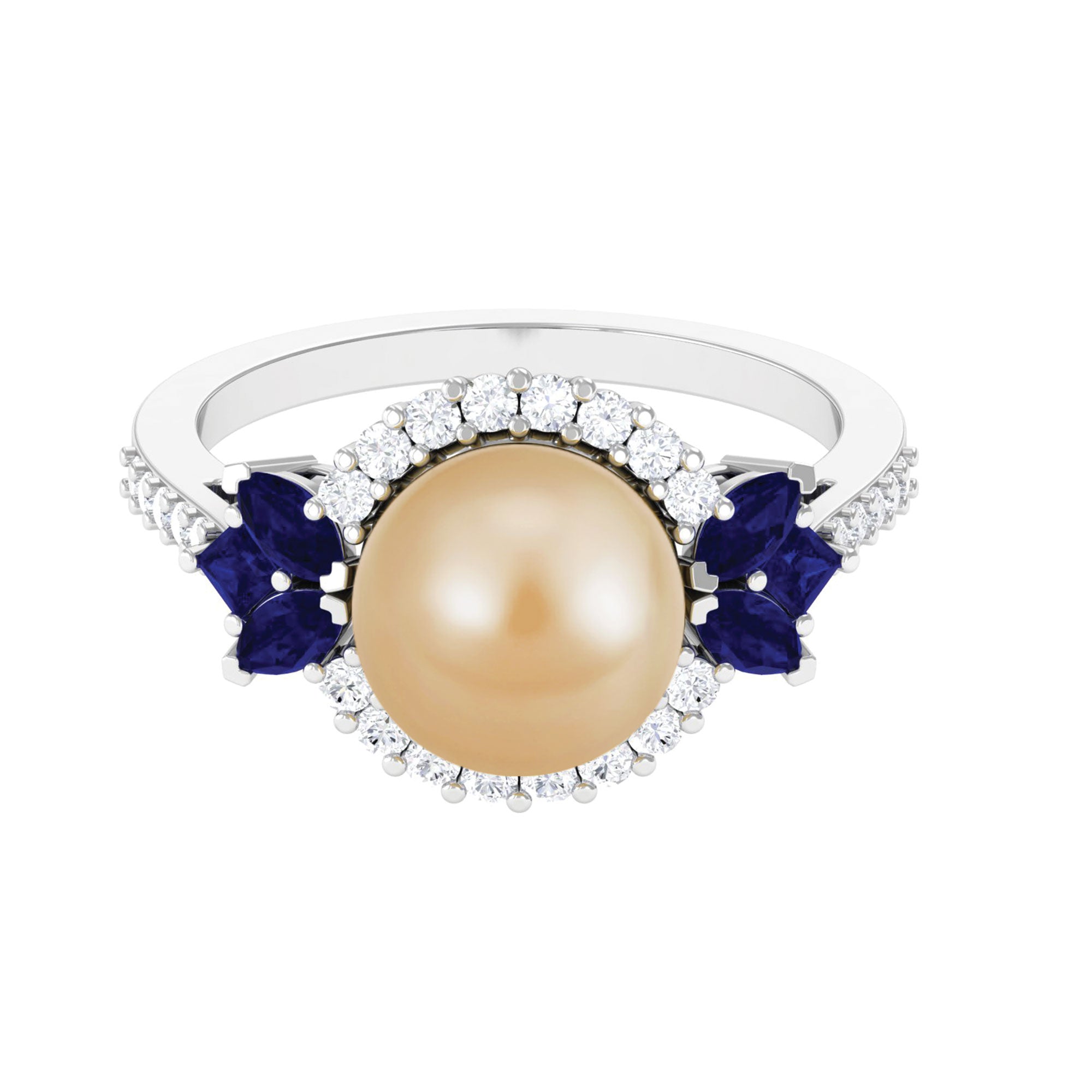 Golden Pearl Cocktail Halo Ring with Sapphire and Diamond South Sea Pearl-AAA Quality - Arisha Jewels